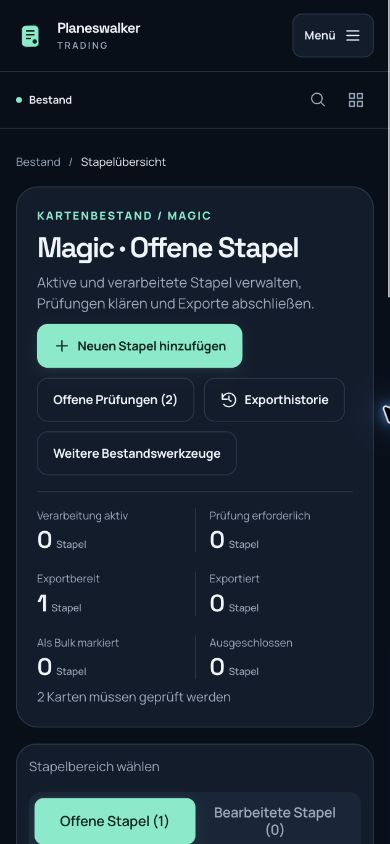 Synthetische Stapelübersicht mit Import und offenen Prüfungen auf einem Mobilbildschirm.